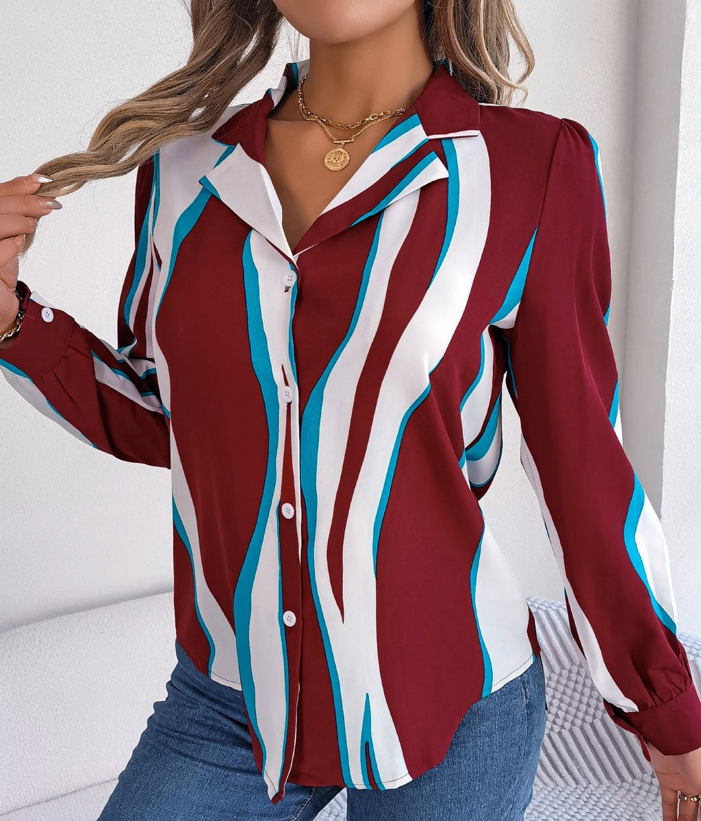 Women's Casual Versatile Color Block Stripe Notched Lapel Long Sleeve Shirt