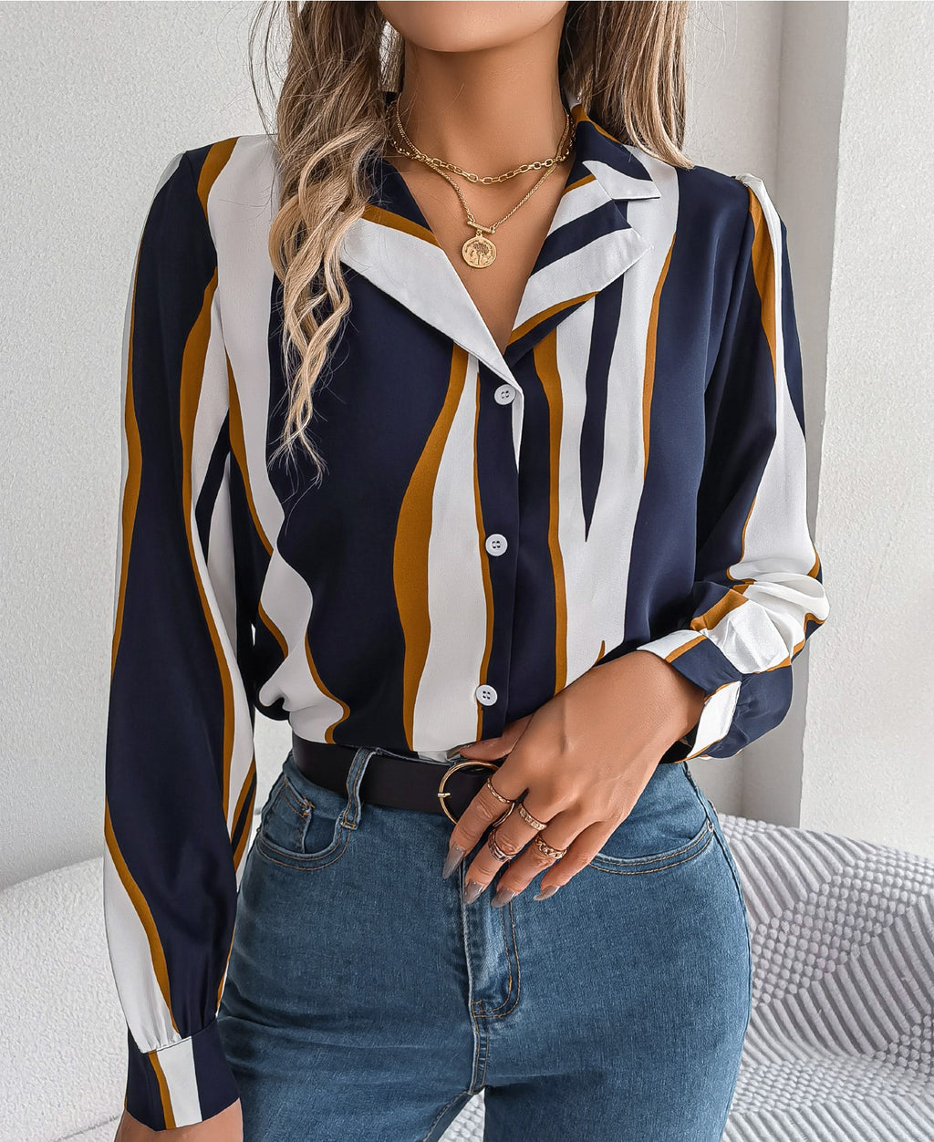Women's Casual Versatile Color Block Stripe Notched Lapel Long Sleeve Shirt