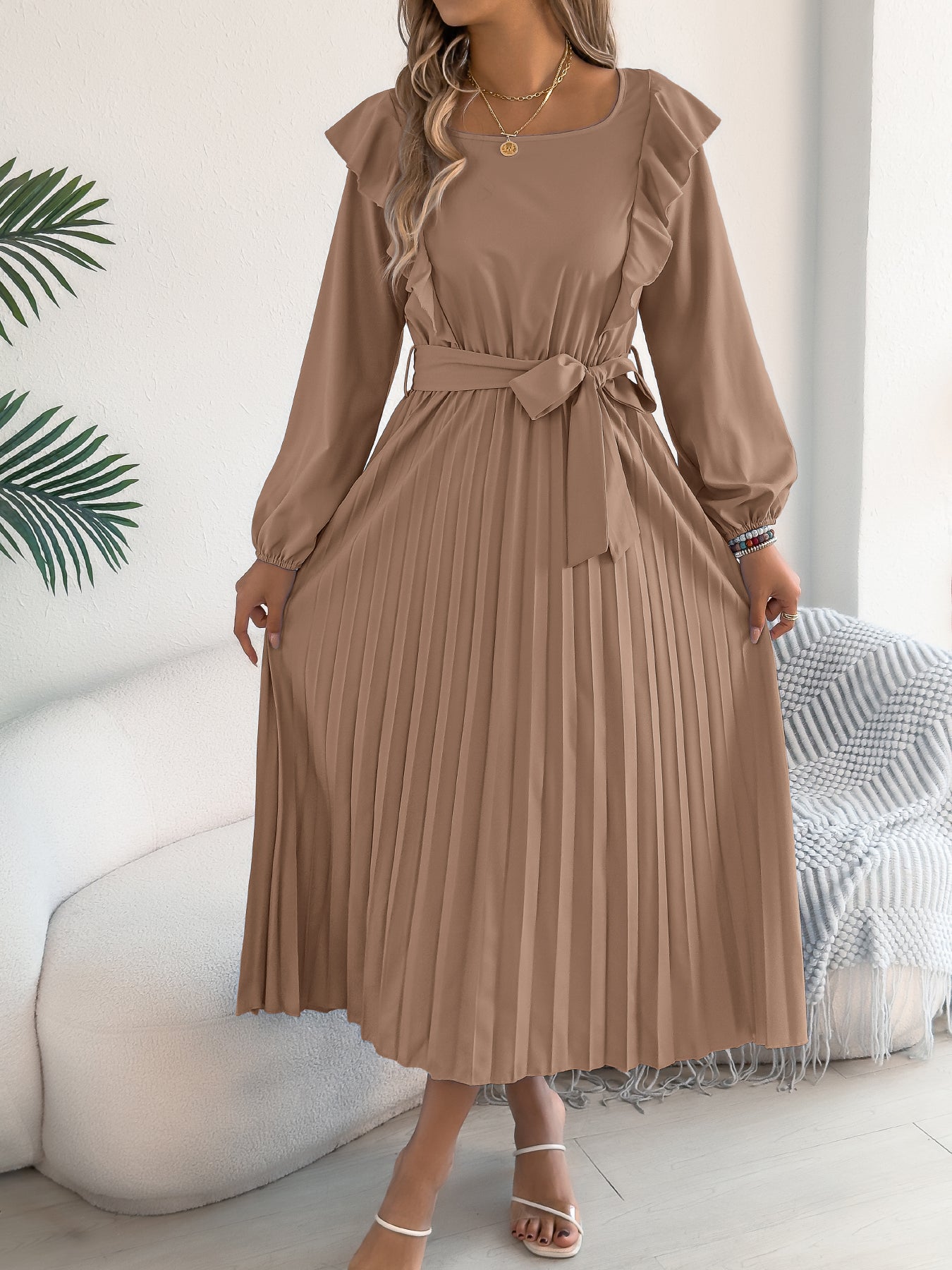 Women's Elegant Ruffle Trim Square Neck Long Sleeve Tie Waist Pleated Dress