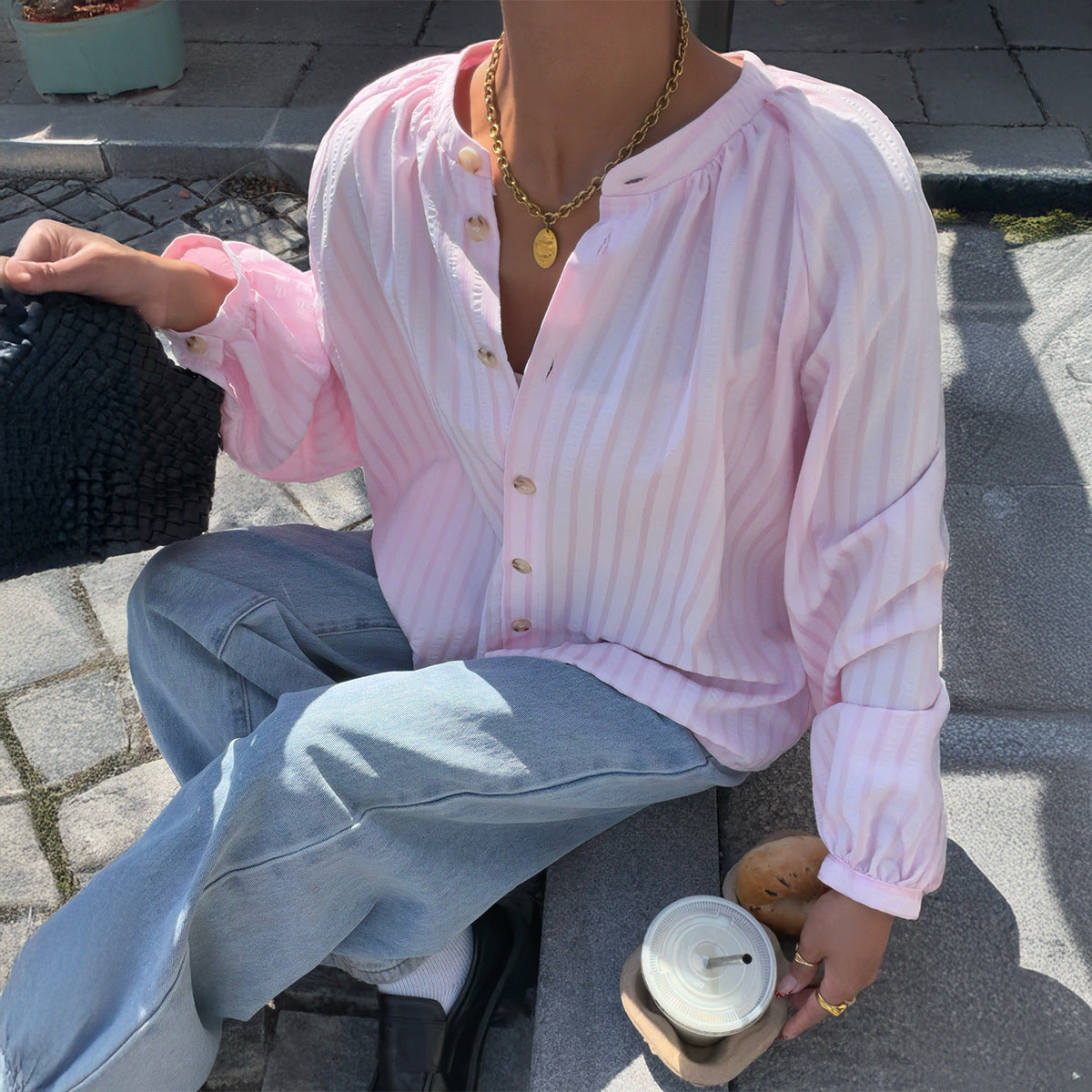Casual Striped Button Up Shirt With A Stand Up Collar And Puff Sleeves