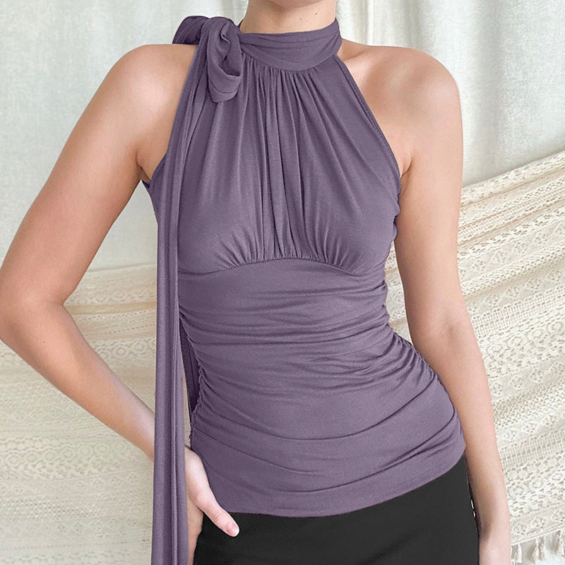 Womens French-Elegant Collarless Pleated Top