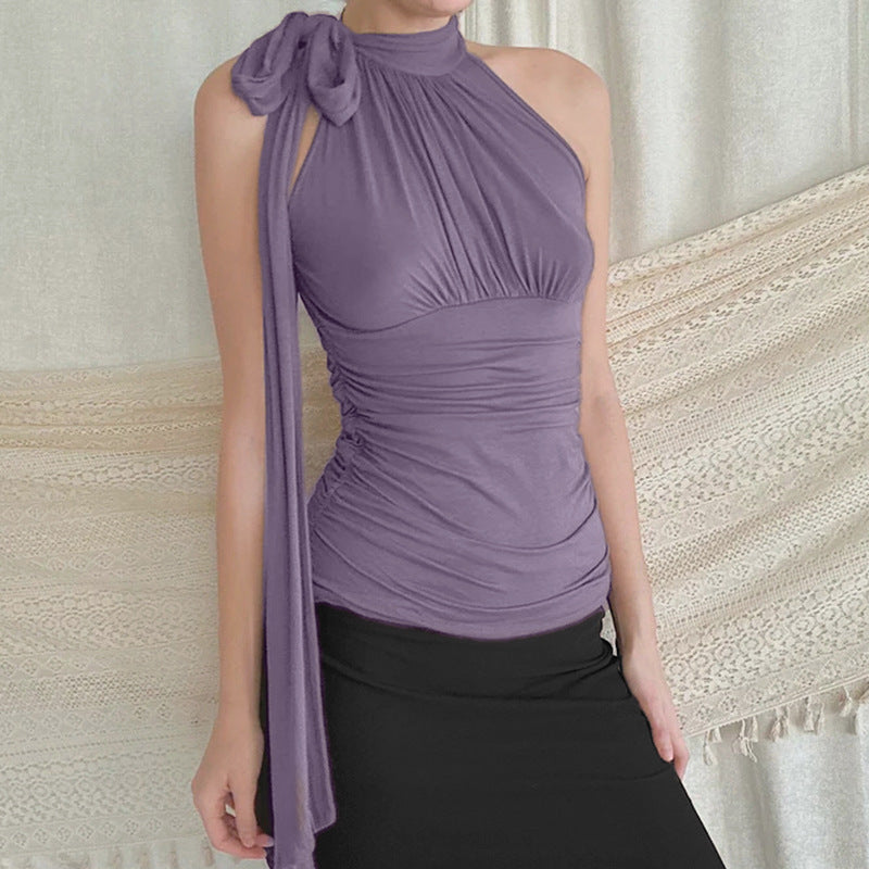 Womens French-Elegant Collarless Pleated Top