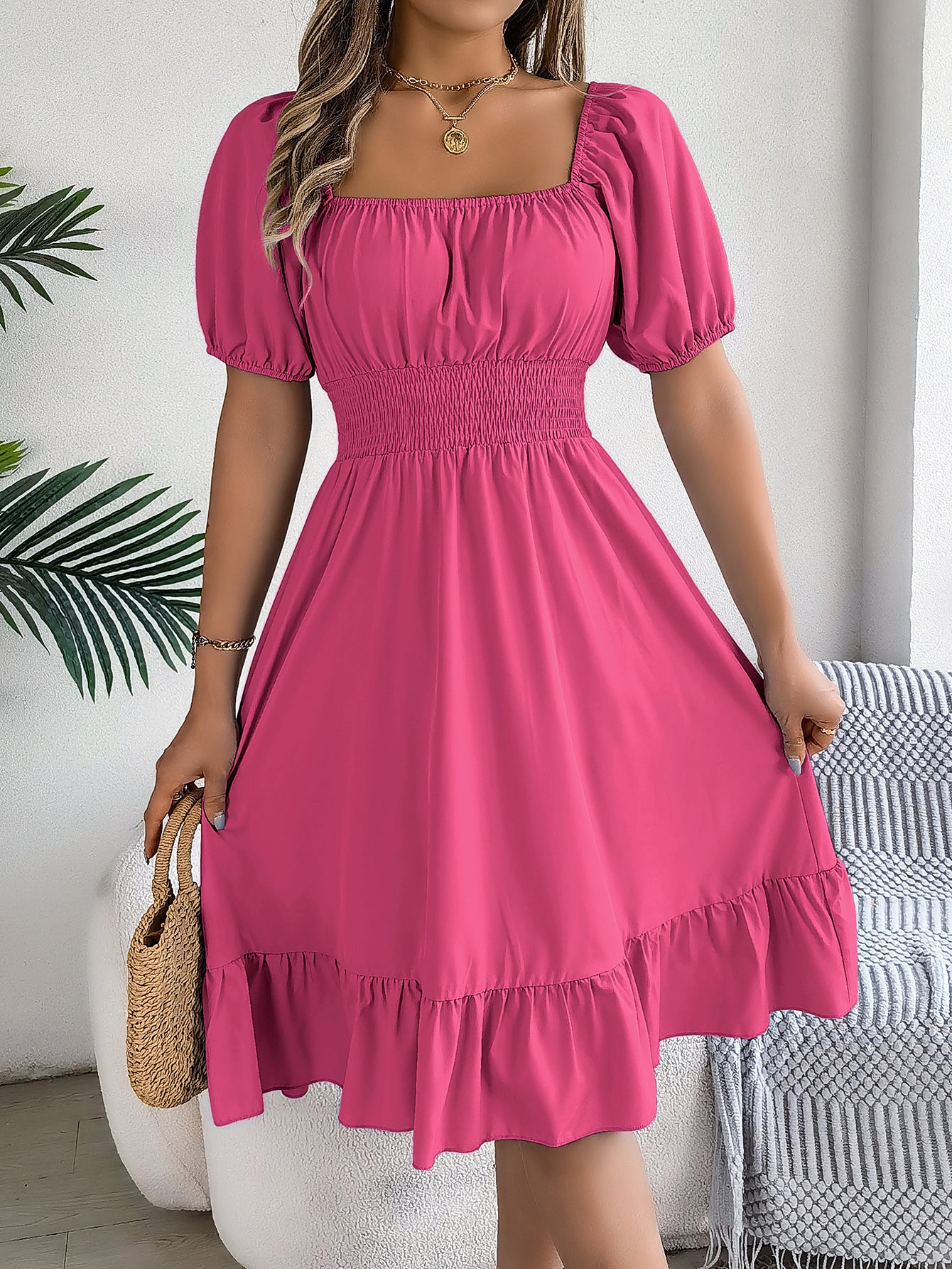 Women's Casual Square Neck Short Sleeve Tie Waist Ruffle A-Line Dress