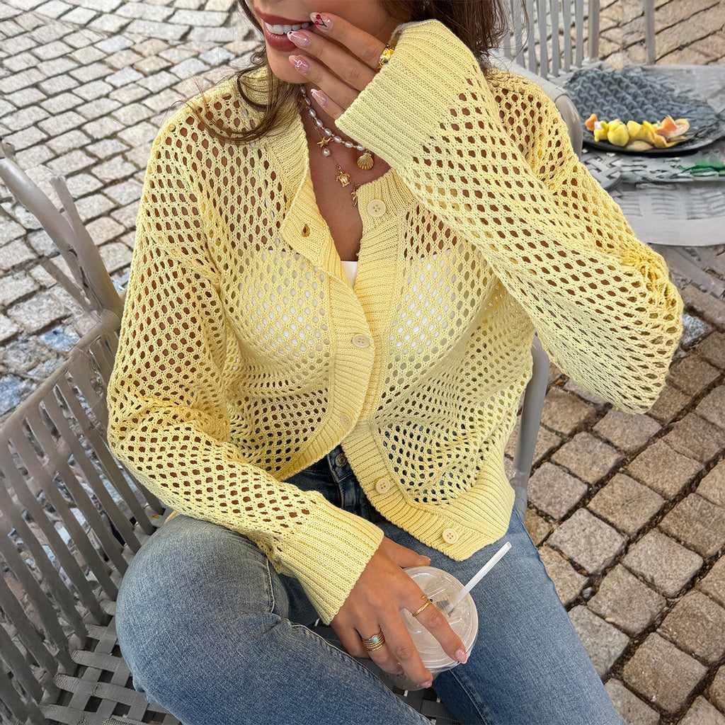Loose Relaxed Openwork Cardigan Sweater In Knit Fabric