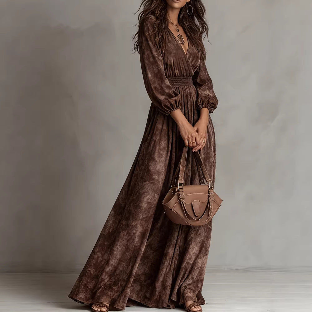 Womens Fashionable Retro Waist-Cinching Printed Dress