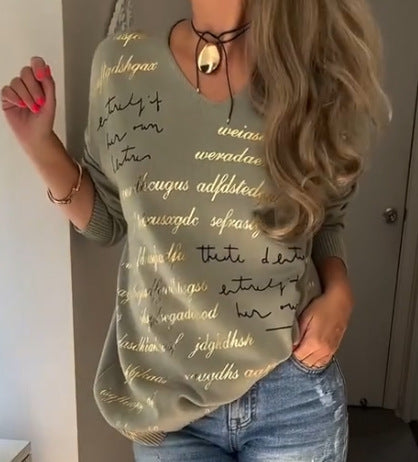 Solid-color Printed Letter Long-sleeve Top For Women