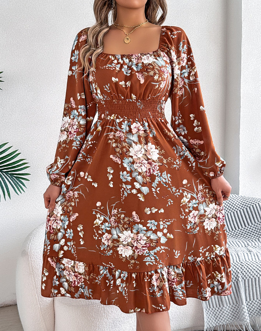 Women's Elegant Floral Print Square Neck Long Sleeve Tie Waist Ruffle A-Line Dress