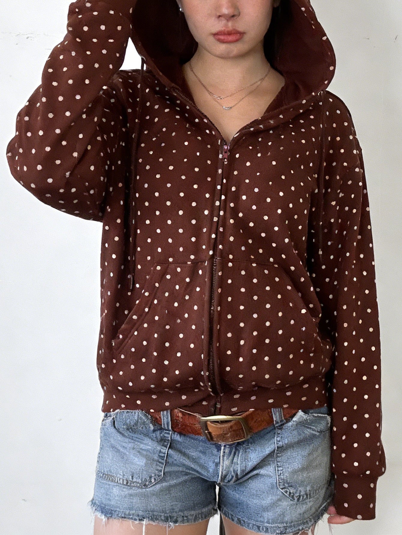 Stylish European And American-style Dotted Print Zip-up Hooded Lightweight Coat