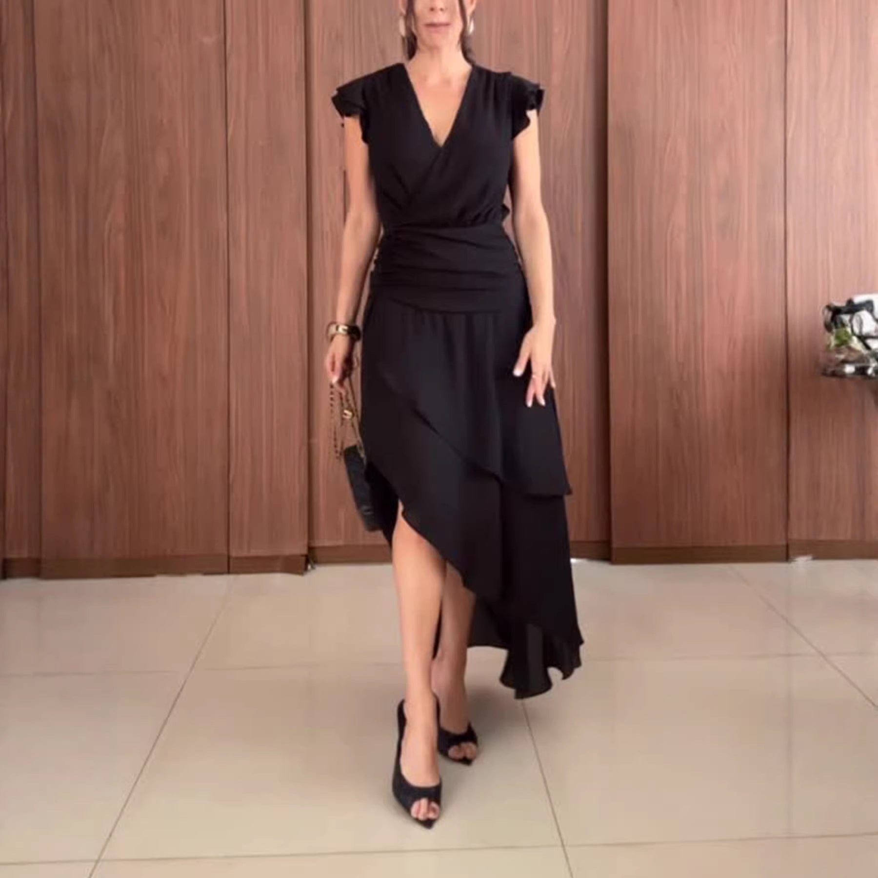 Womens Asymmetrical Solid-Color Maxi Dress With Ruffled Cap Sleeves