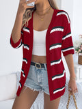 Women  Casual Stripe Hollow Out Mid-Sleeve Knit Vacation Cardigan