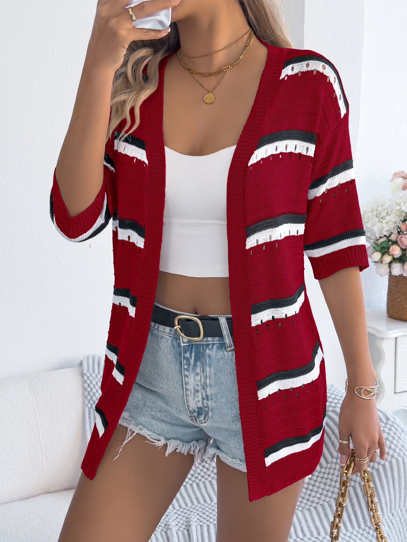 Women  Casual Stripe Hollow Out Mid-Sleeve Knit Vacation Cardigan
