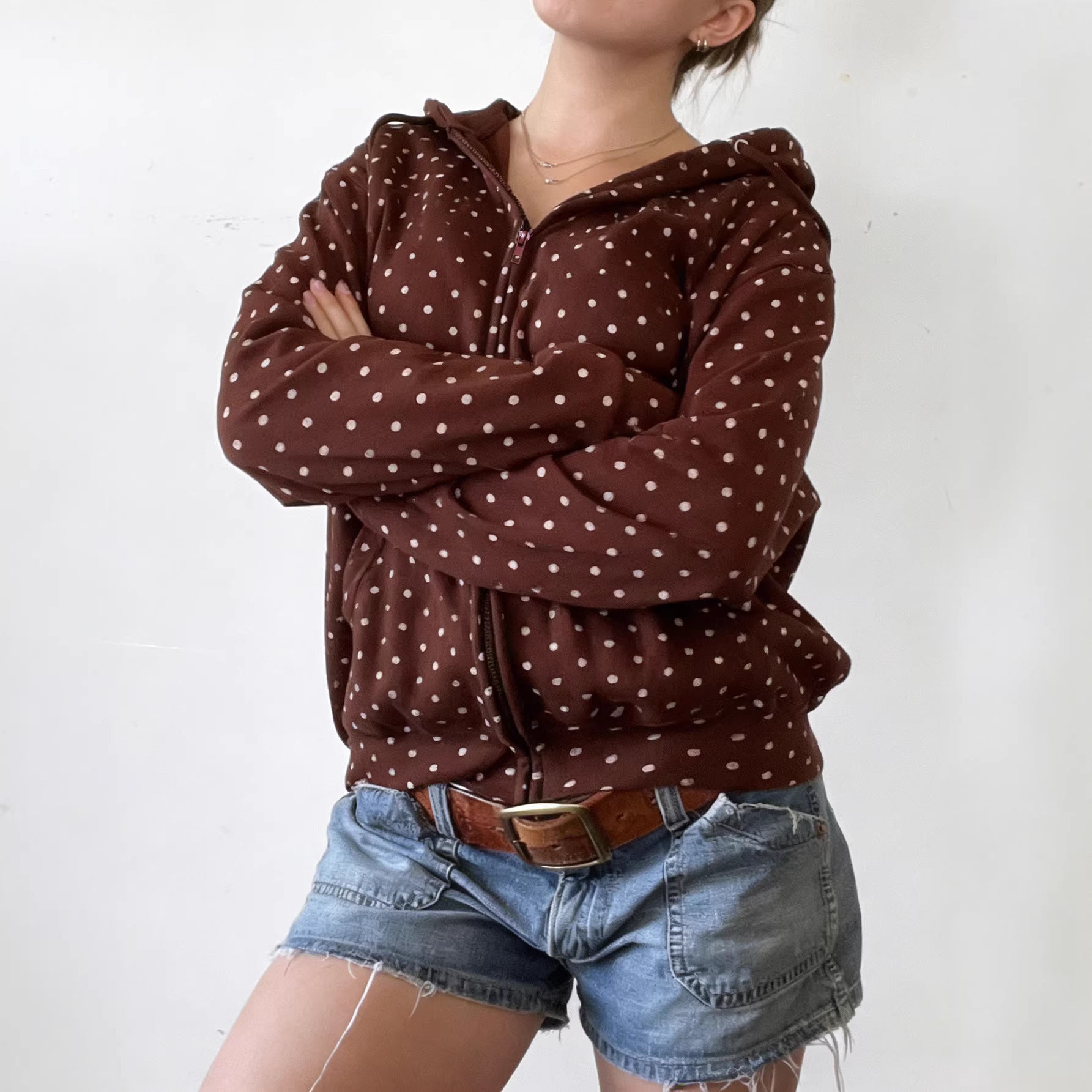 Stylish European And American-style Dotted Print Zip-up Hooded Lightweight Coat