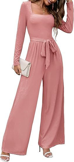 Fashionable Long-Sleeve Square-Neck Casual Jumpsuit With Waist Belt And Wide-Leg Pants