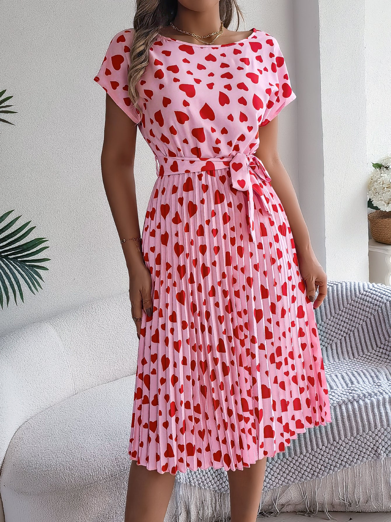 Women's Casual Color Block Heart Print Short Sleeve Tie Waist Pleated Dress