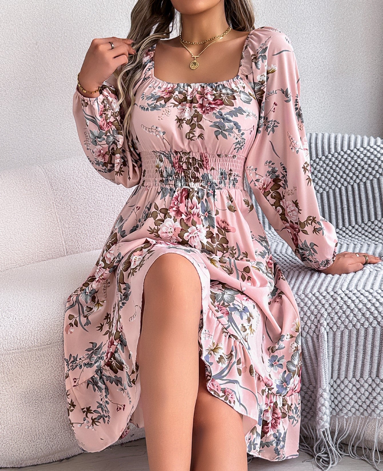 Women's Elegant Floral Print Square Neck Long Sleeve Tie Waist Ruffle A-Line Dress