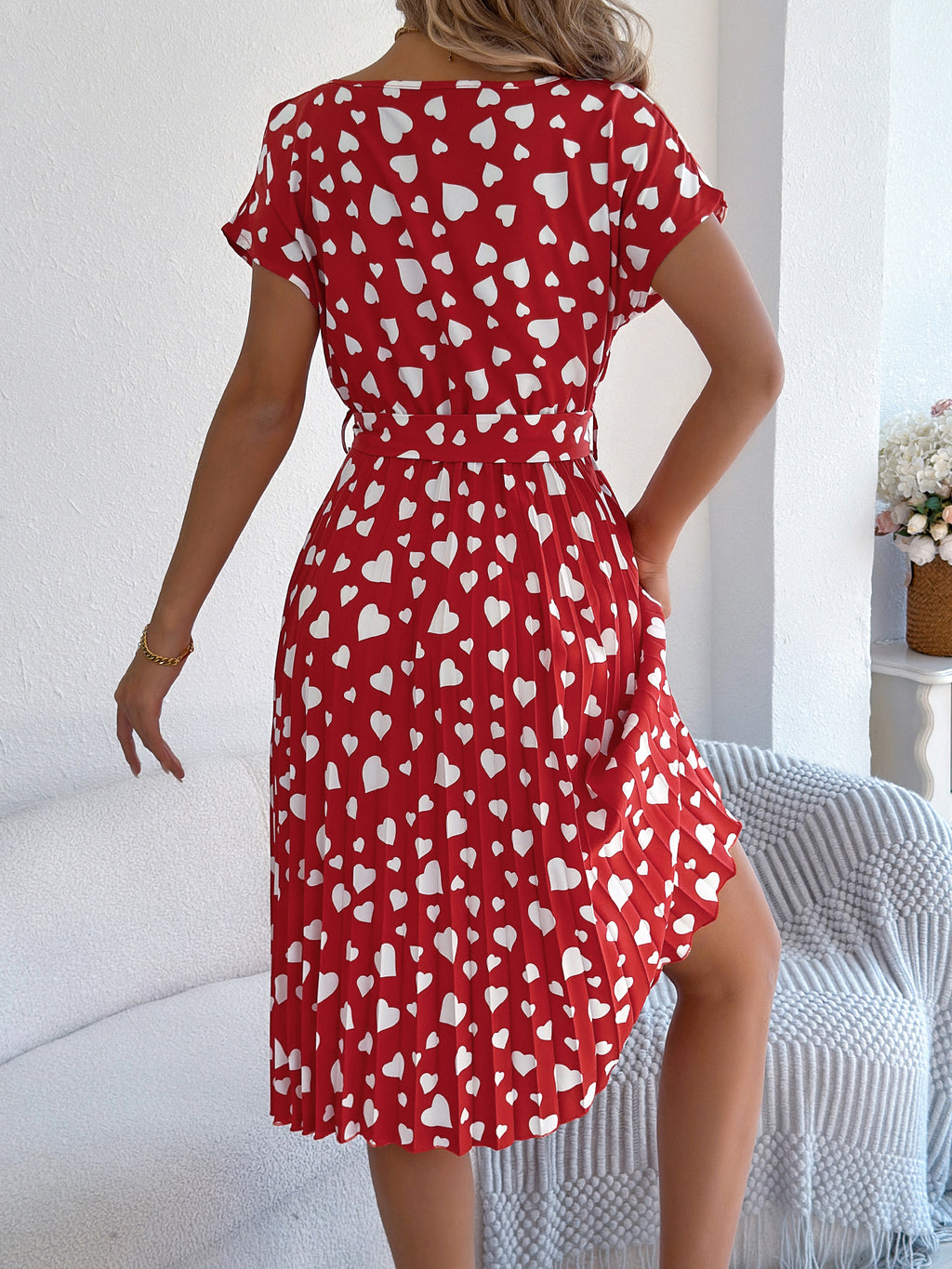 Women's Casual Color Block Heart Print Short Sleeve Tie Waist Pleated Dress