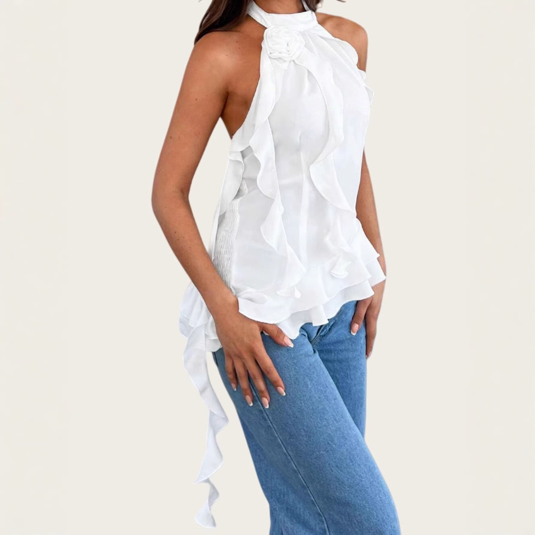Chic Floral Neckpiece With Ribbon Tie Up Top