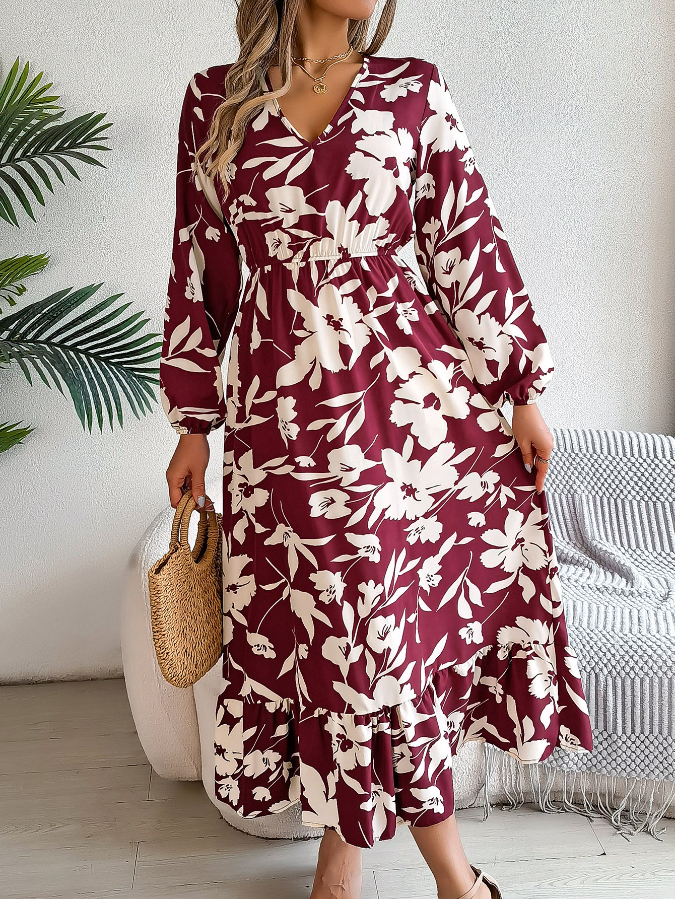 Women's Casual Floral Print Tie Waist Long Sleeve Ruffle Dress