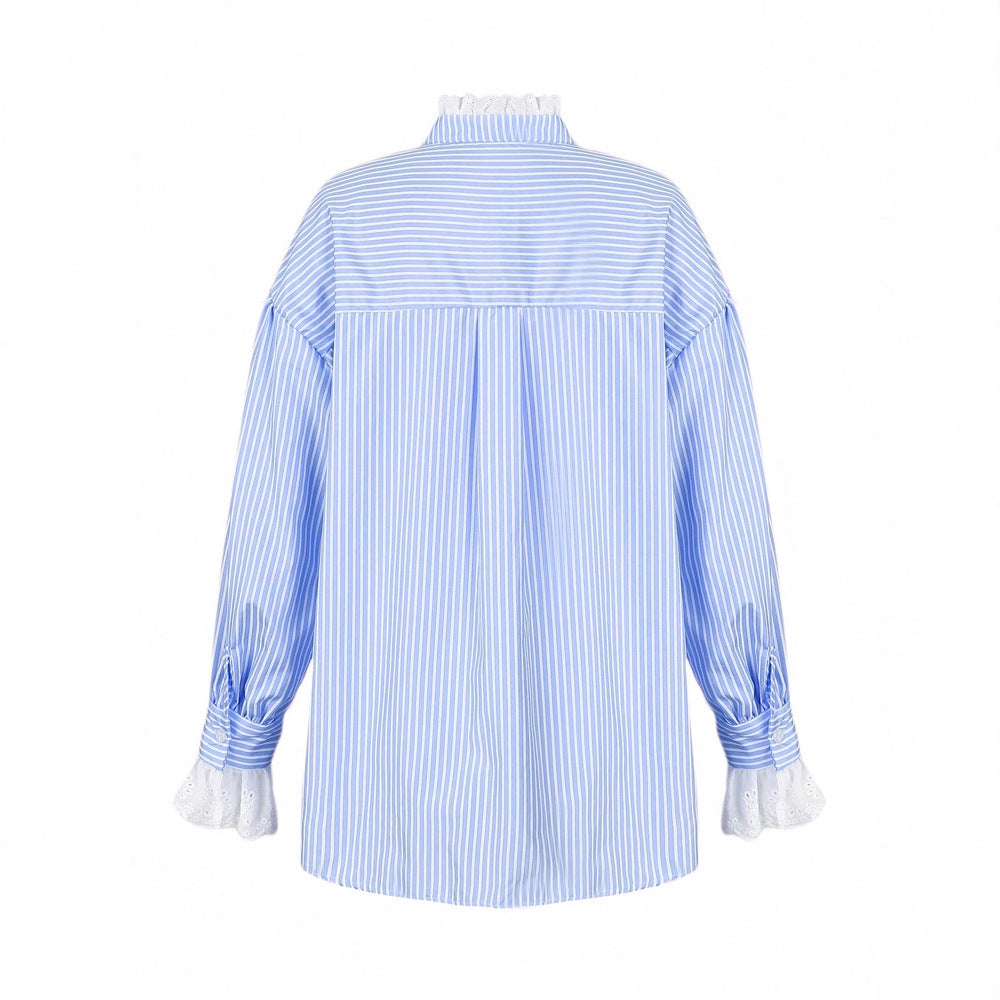Korean-style Elegant, Effortless Striped Lace-Patchwork Womens Shirt
