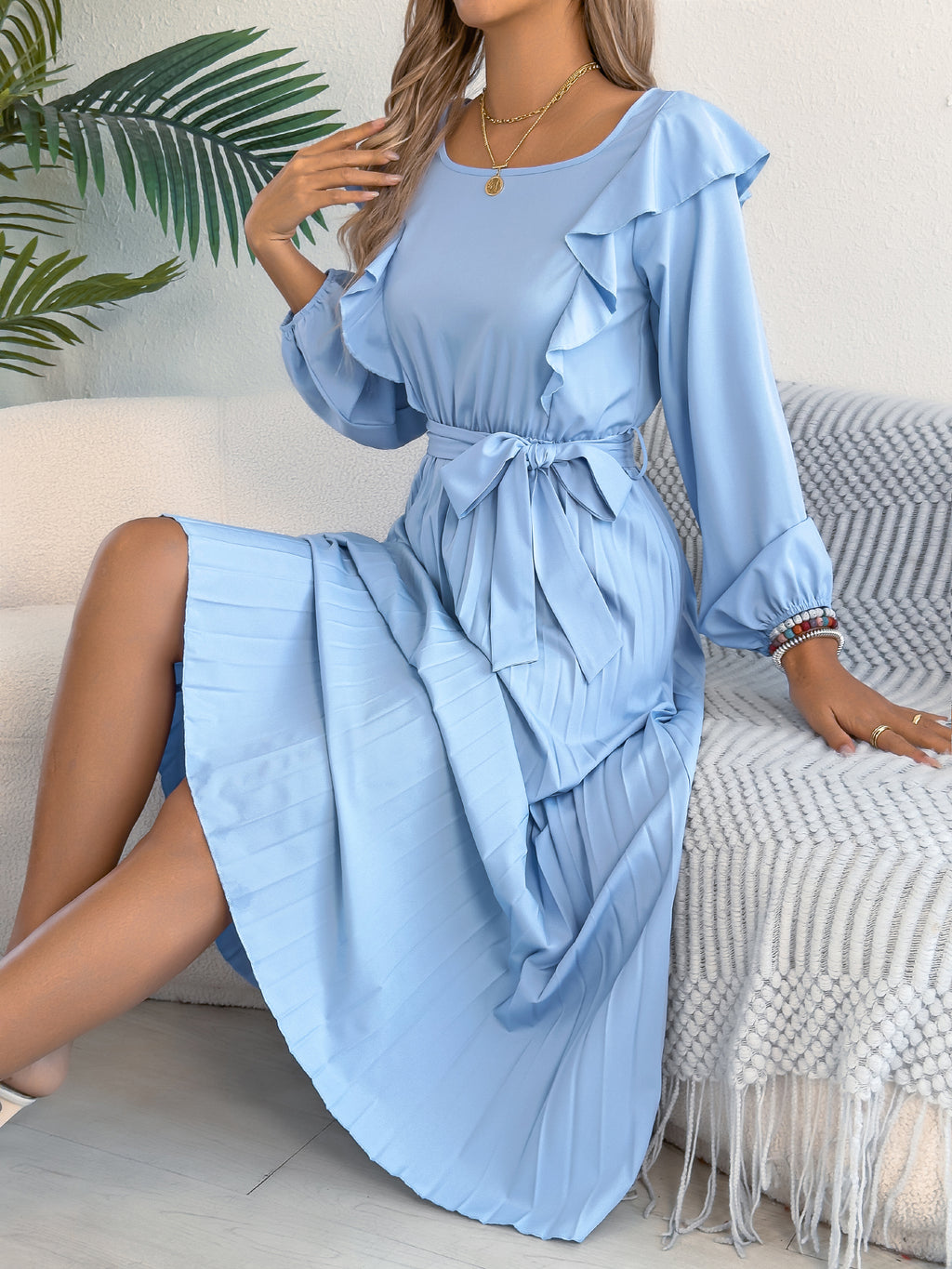 Women's Elegant Ruffle Trim Square Neck Long Sleeve Tie Waist Pleated Dress