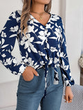 Floral Lantern-sleeve Lace-up Chiffon Blouse Top