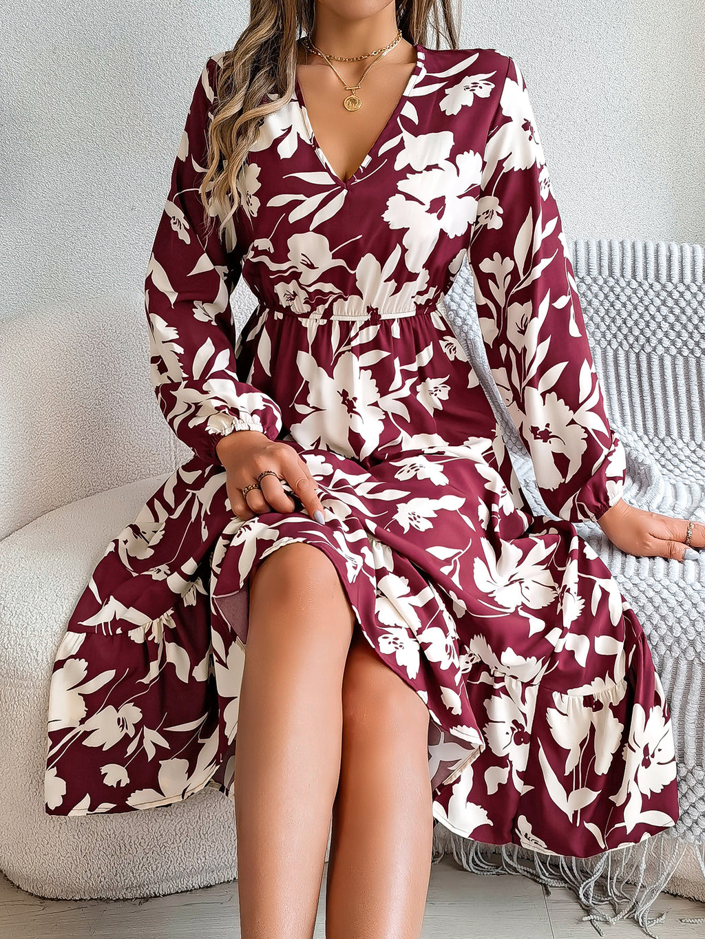 Women's Casual Floral Print Tie Waist Long Sleeve Ruffle Dress