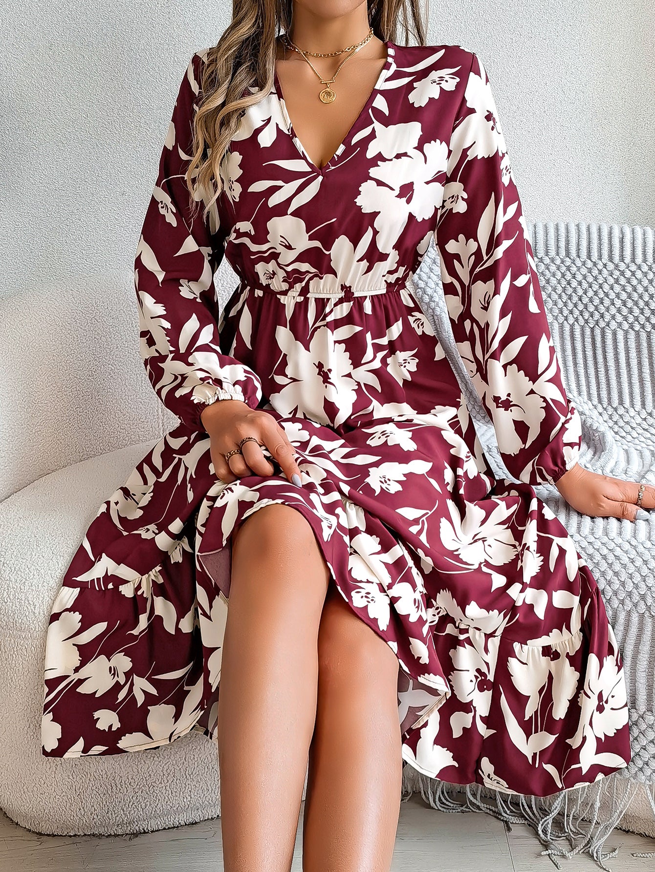 Women's Casual Floral Print Tie Waist Long Sleeve Ruffle Dress