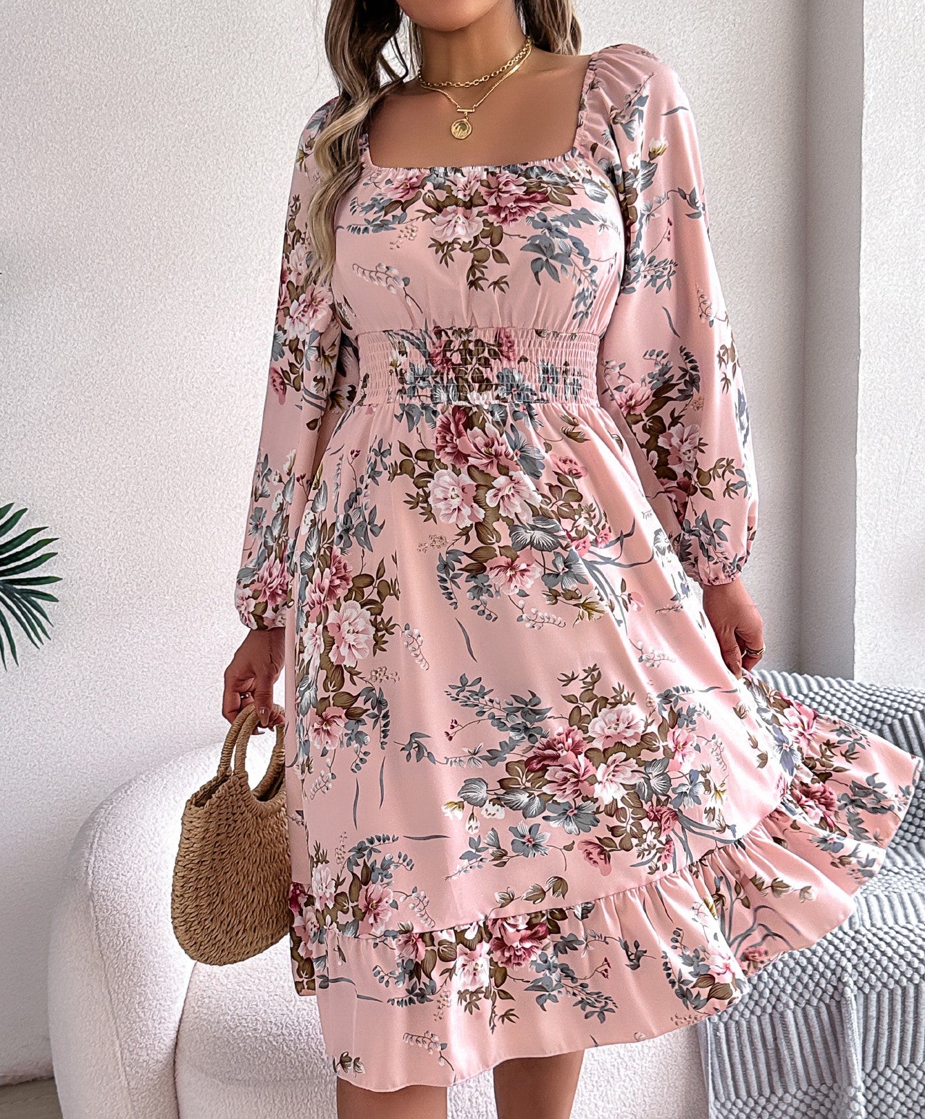 Women's Elegant Floral Print Square Neck Long Sleeve Tie Waist Ruffle A-Line Dress