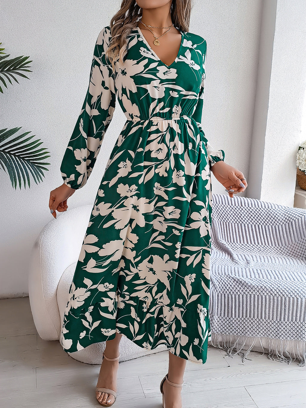 Women's Casual Floral Print Tie Waist Long Sleeve Ruffle Dress