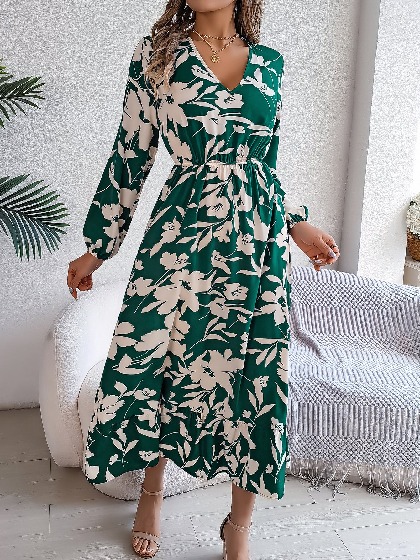 Women's Casual Floral Print Tie Waist Long Sleeve Ruffle Dress