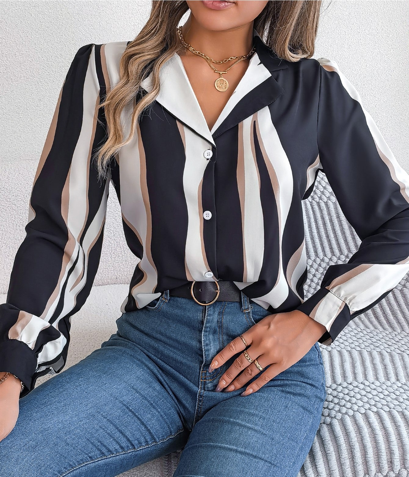 Women's Casual Versatile Color Block Stripe Notched Lapel Long Sleeve Shirt