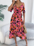 Women's Off Shoulder Cross V Neck Floral Print Camisole Vacation Maxi Dress