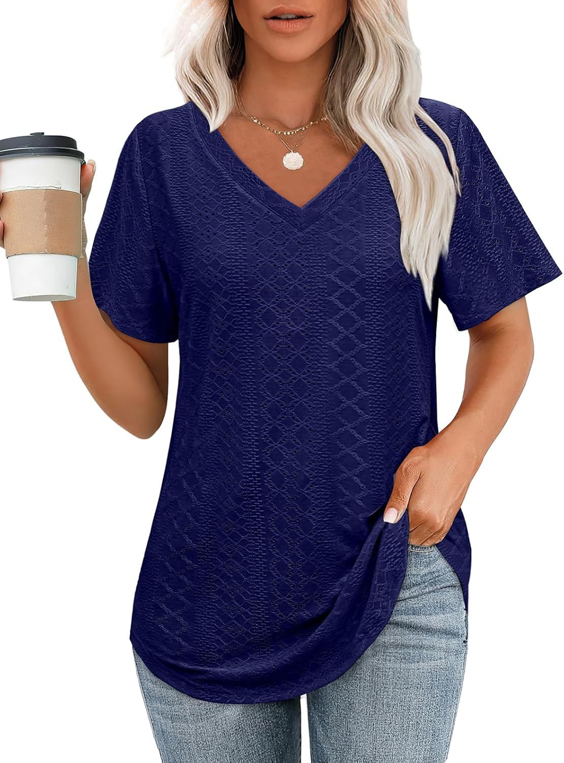 Hollow-out Airy Casual V-Neck Short Sleeve