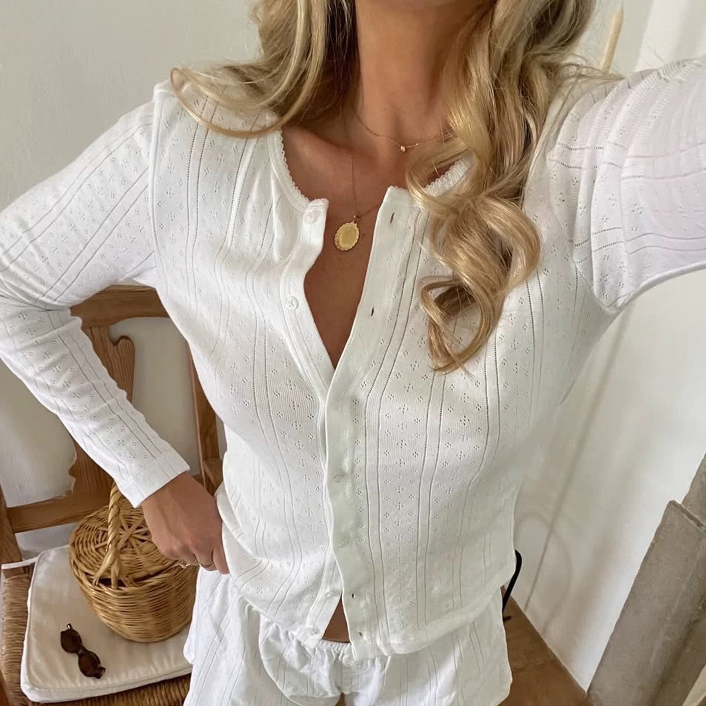 Casual Versatile Solid-Color Hollow-Out Crew-Neck Knitted Jacquard Top For Women