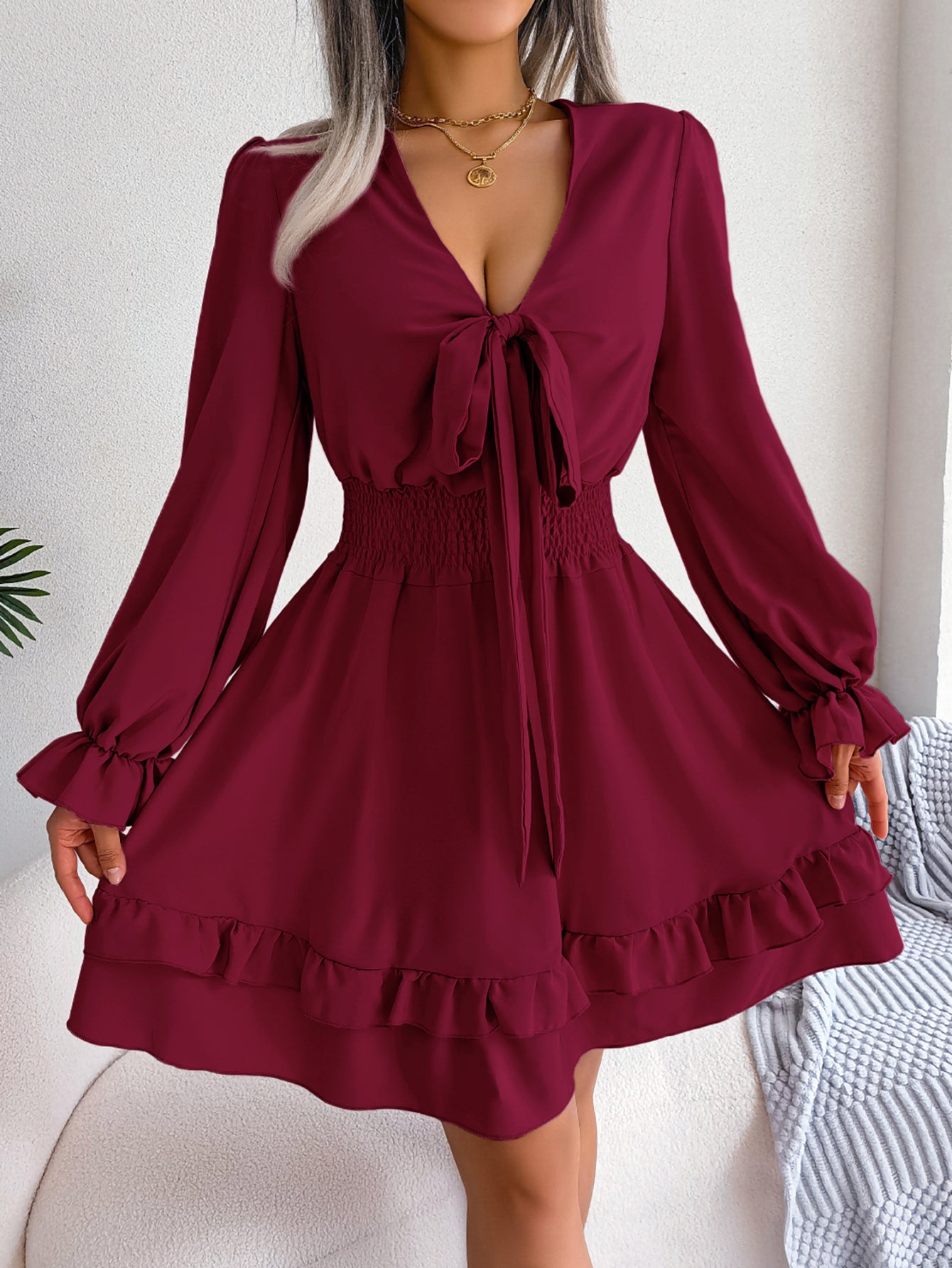 Women  Casual Tie Waist Ruffle Trim Flowy Dress
