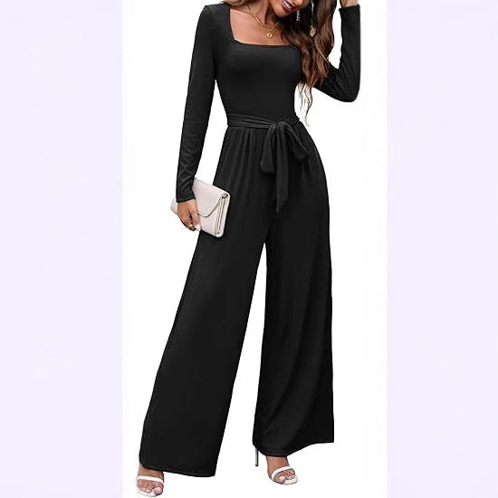 Fashionable Long-Sleeve Square-Neck Casual Jumpsuit With Waist Belt And Wide-Leg Pants