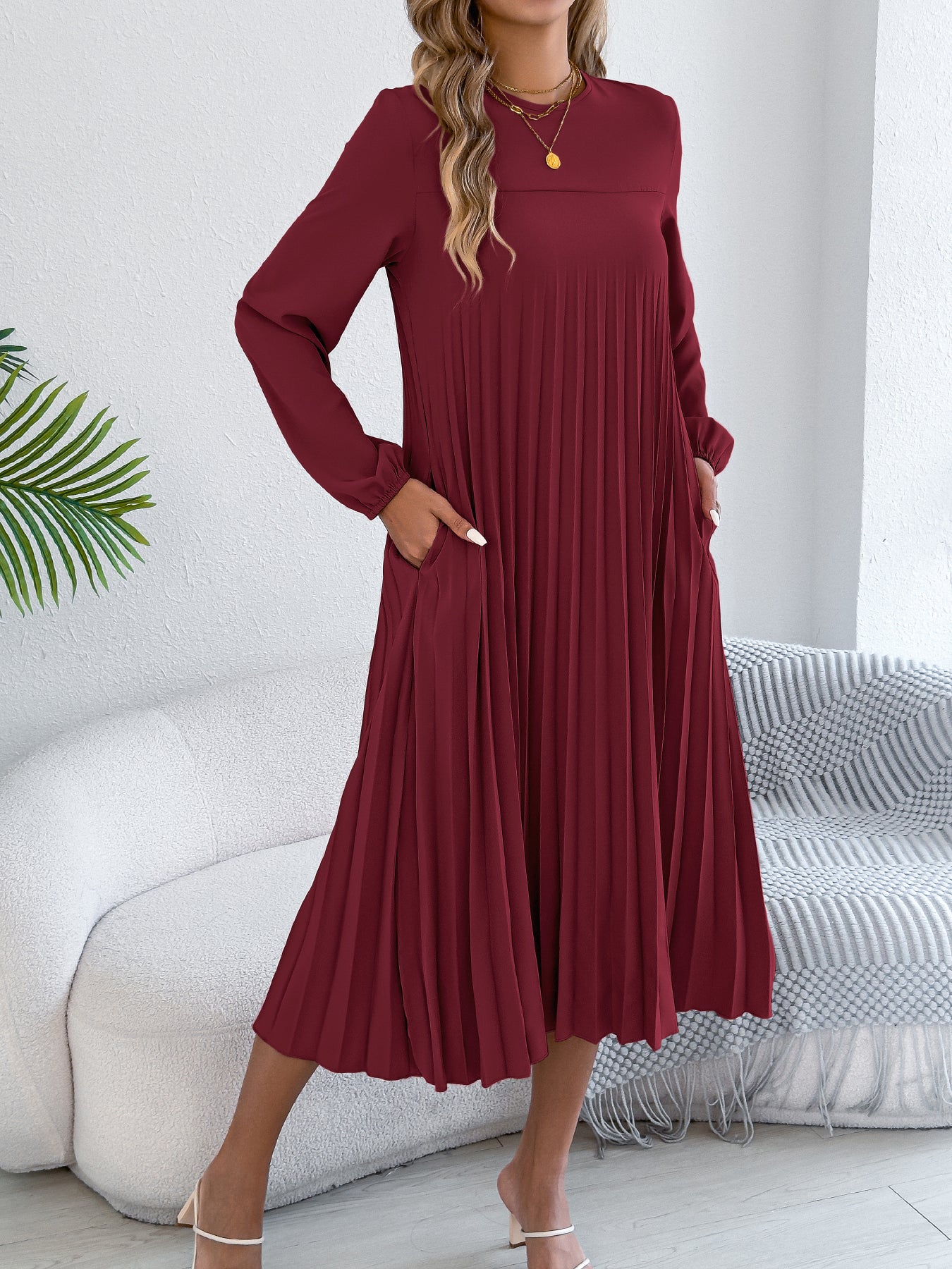 Women's Casual Solid Color Long Sleeve Pocket Pleated Dress