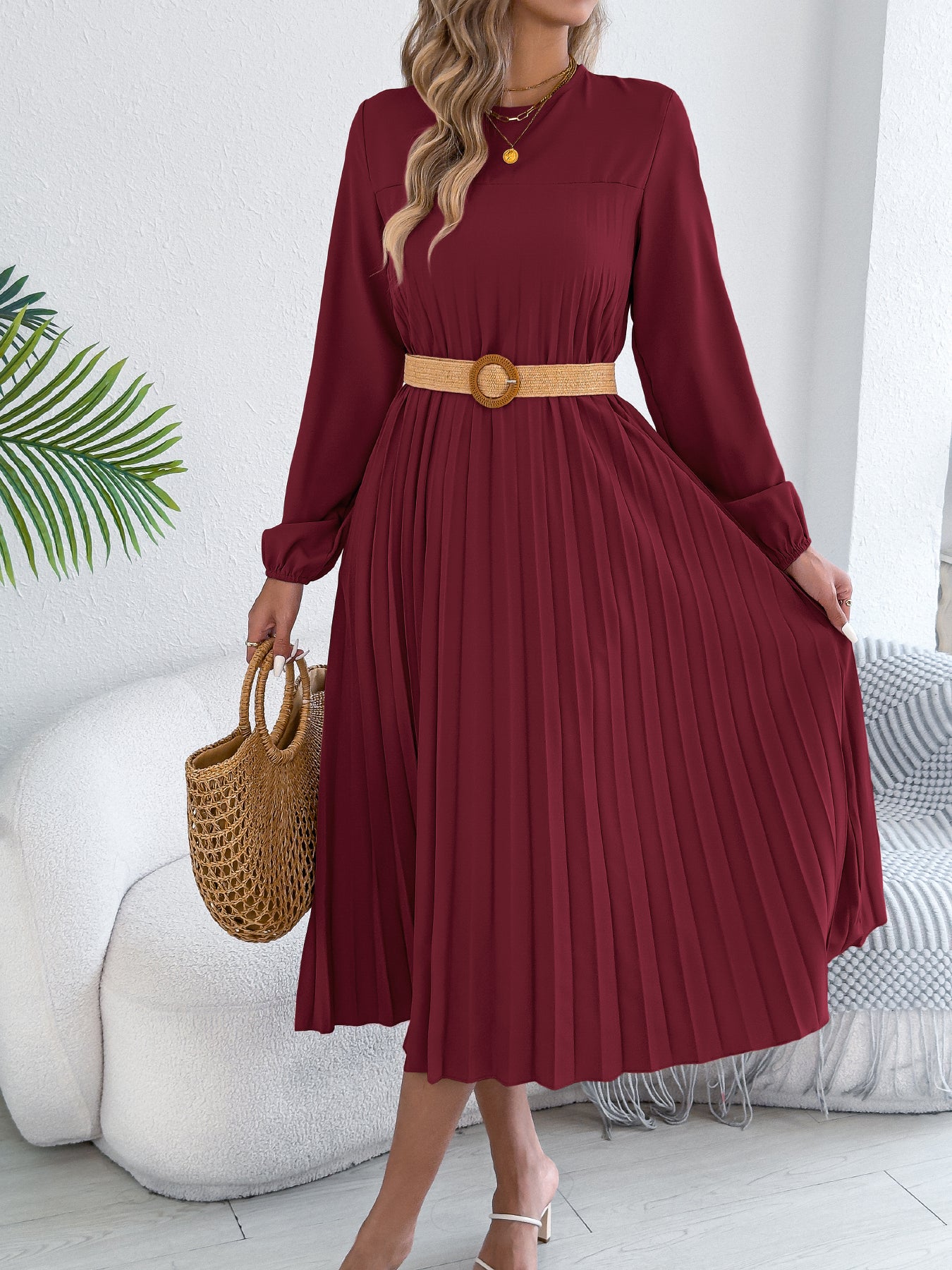 Women's Casual Solid Color Long Sleeve Pocket Pleated Dress