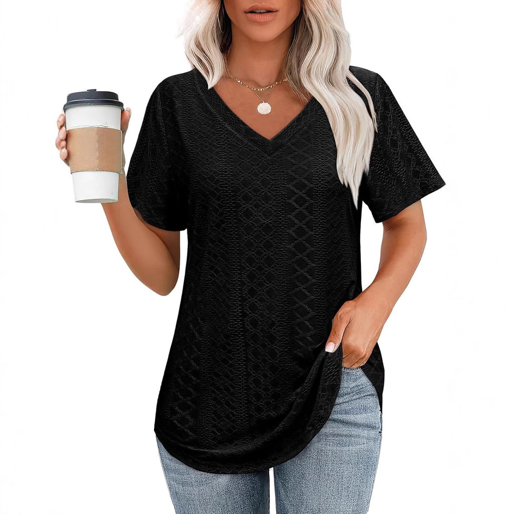 Hollow-out Airy Casual V-Neck Short Sleeve