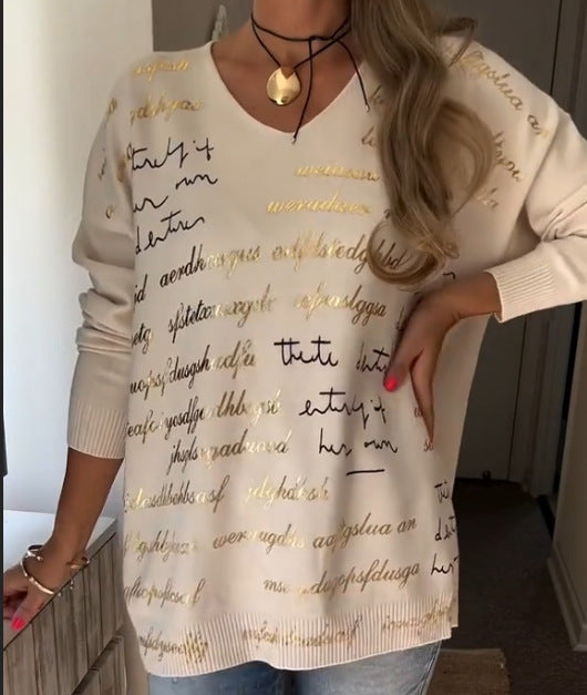 Solid-color Printed Letter Long-sleeve Top For Women