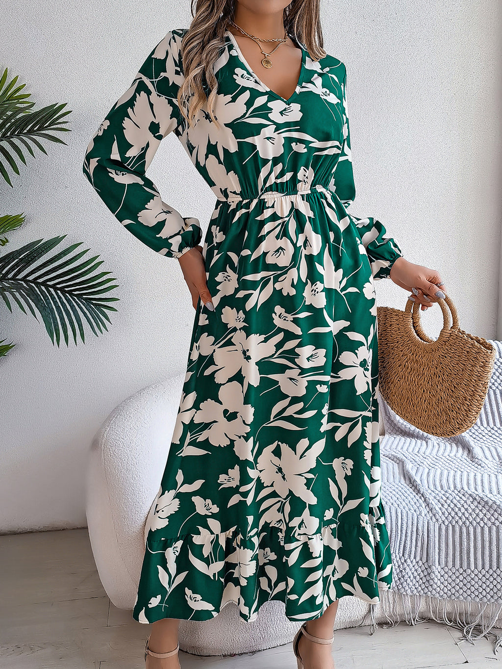 Women's Casual Floral Print Tie Waist Long Sleeve Ruffle Dress