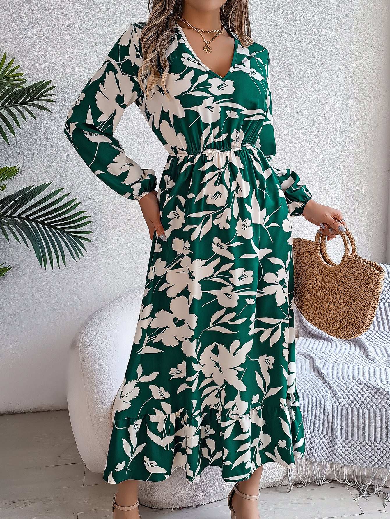 Women's Casual Floral Print Tie Waist Long Sleeve Ruffle Dress