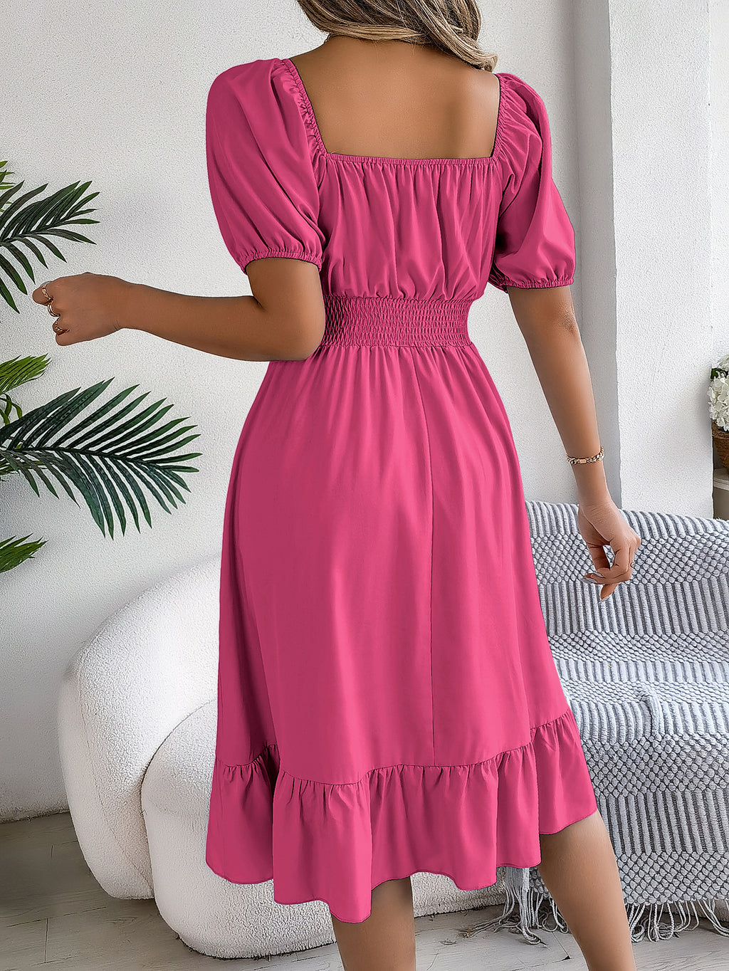 Women's Casual Square Neck Short Sleeve Tie Waist Ruffle A-Line Dress