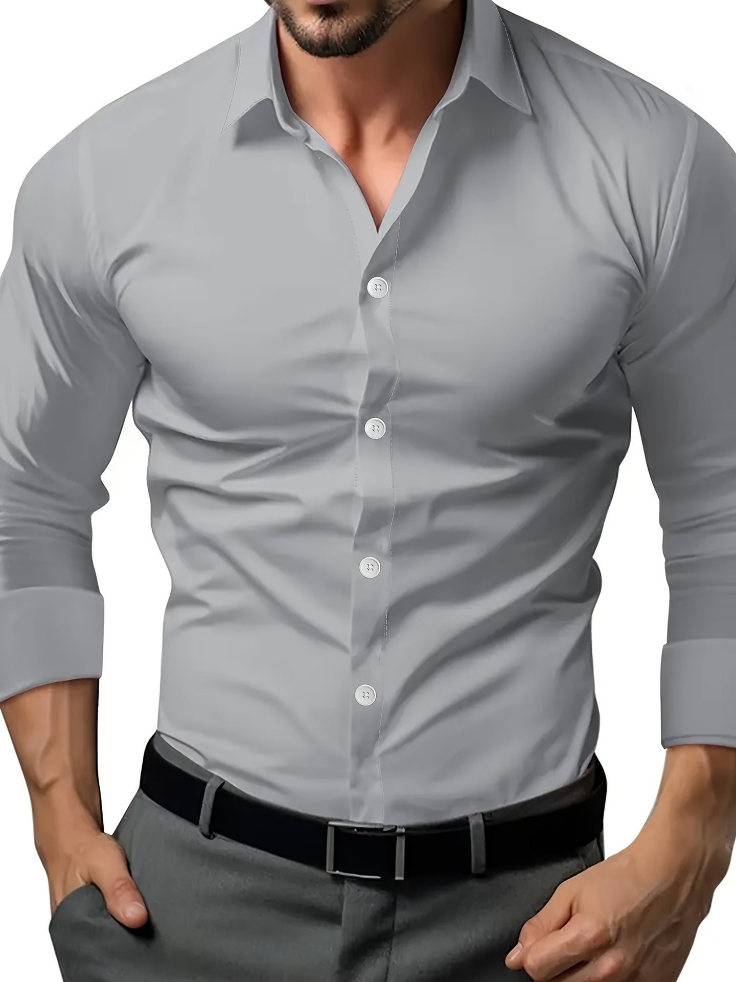 Polyester Semi-Sheer Dress Shirt Dark Gray Semi-Sheer