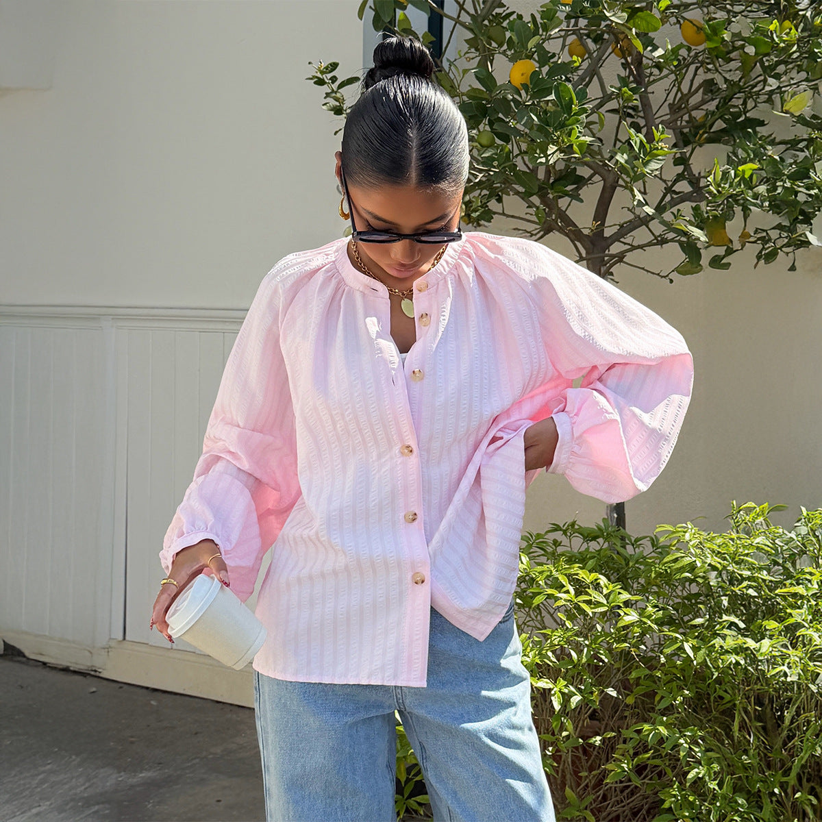 Casual Striped Button Up Shirt With A Stand Up Collar And Puff Sleeves