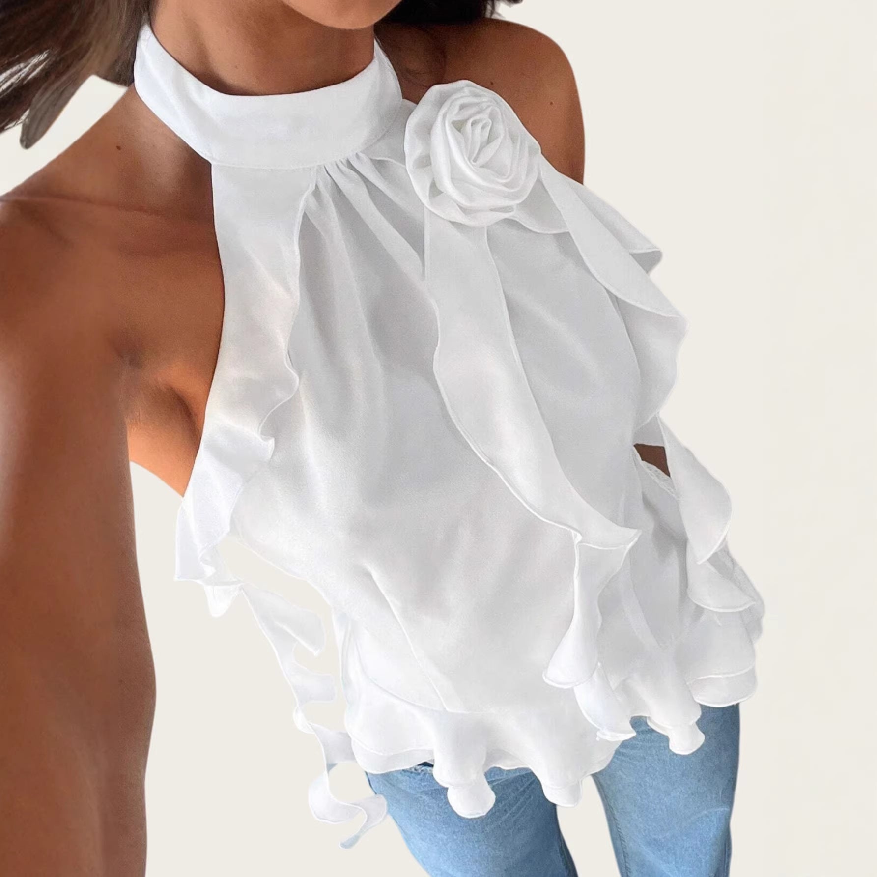 Chic Floral Neckpiece With Ribbon Tie Up Top