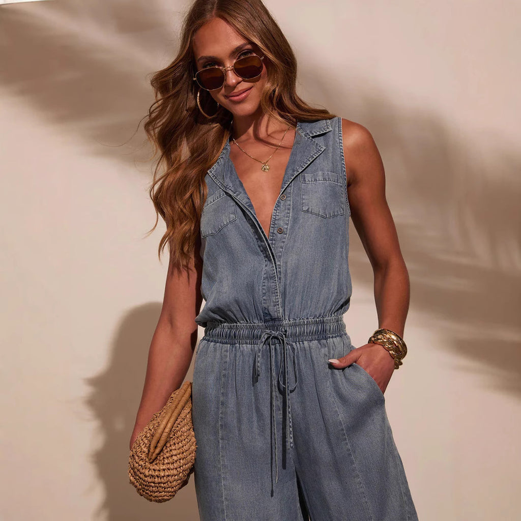 Womens Casual Washed Lightweight Denim Jumpsuit