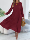 Women's Casual Solid Color Long Sleeve Pocket Pleated Dress