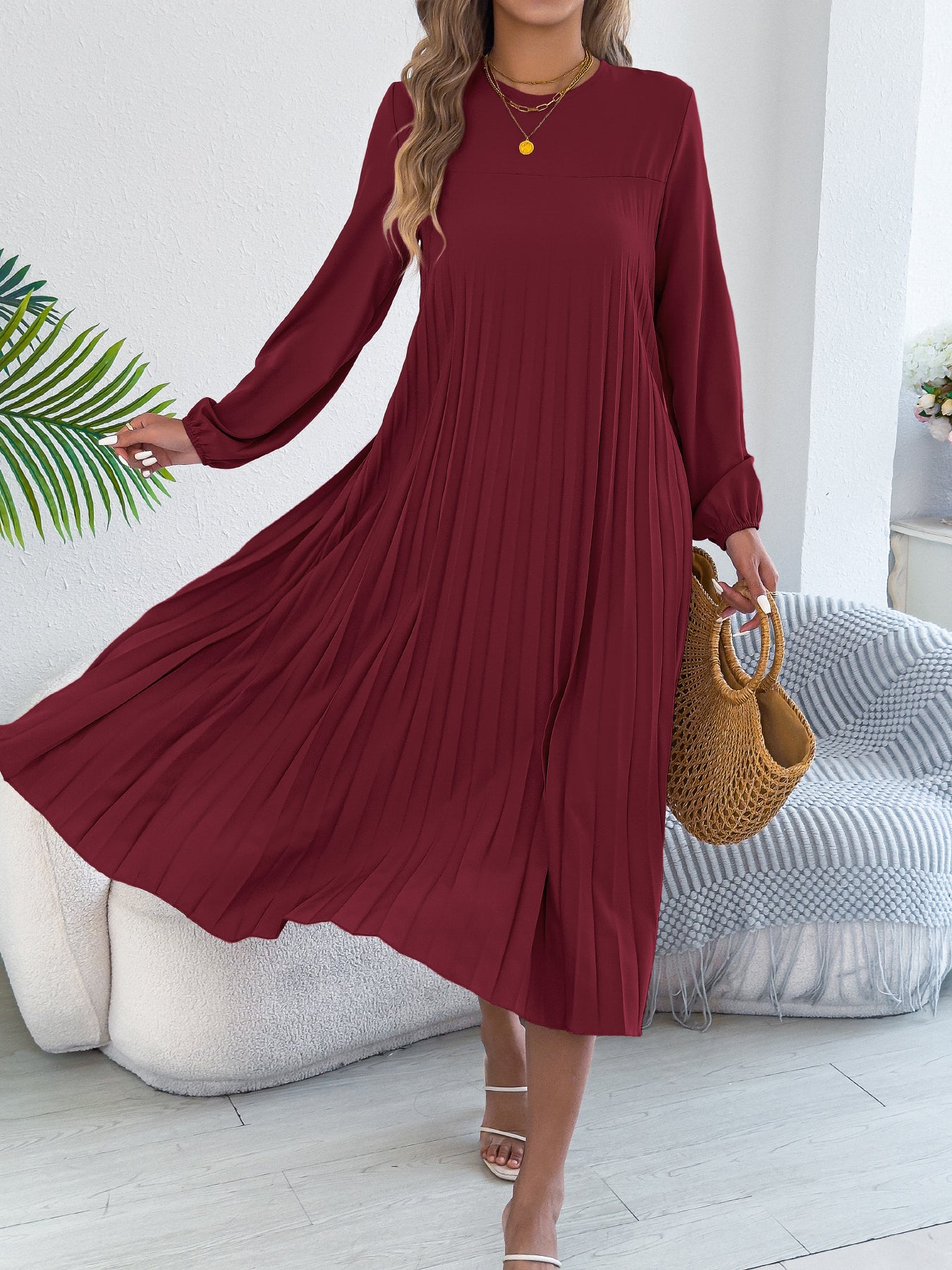 Women's Casual Solid Color Long Sleeve Pocket Pleated Dress