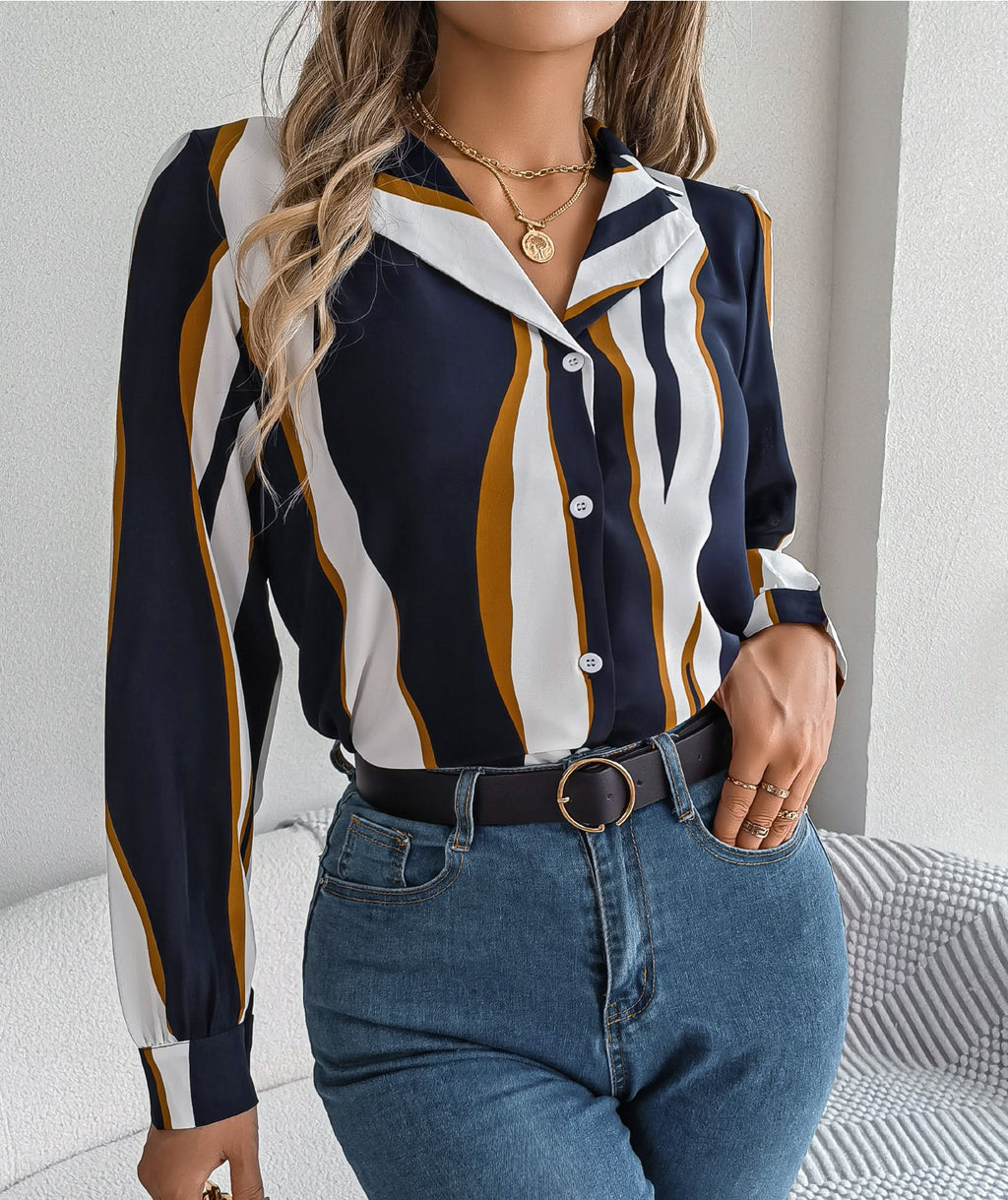 Women's Casual Versatile Color Block Stripe Notched Lapel Long Sleeve Shirt